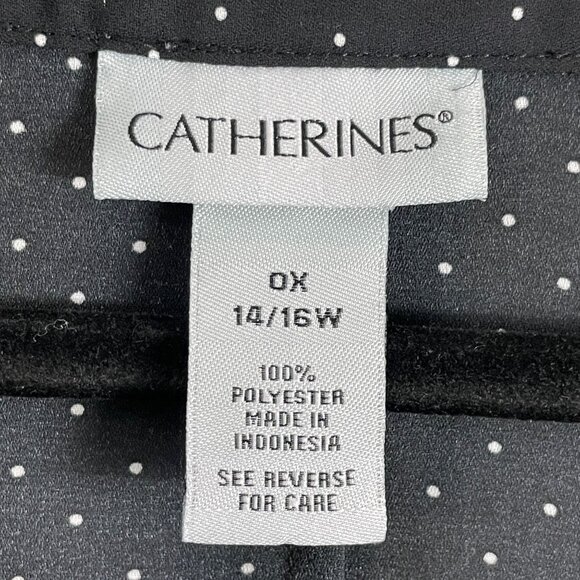 Catherines Womens Plus 0X 14/16W Black Polka Dot Button Up Blouse Tie Cuffs Top - Picture 3 of 7